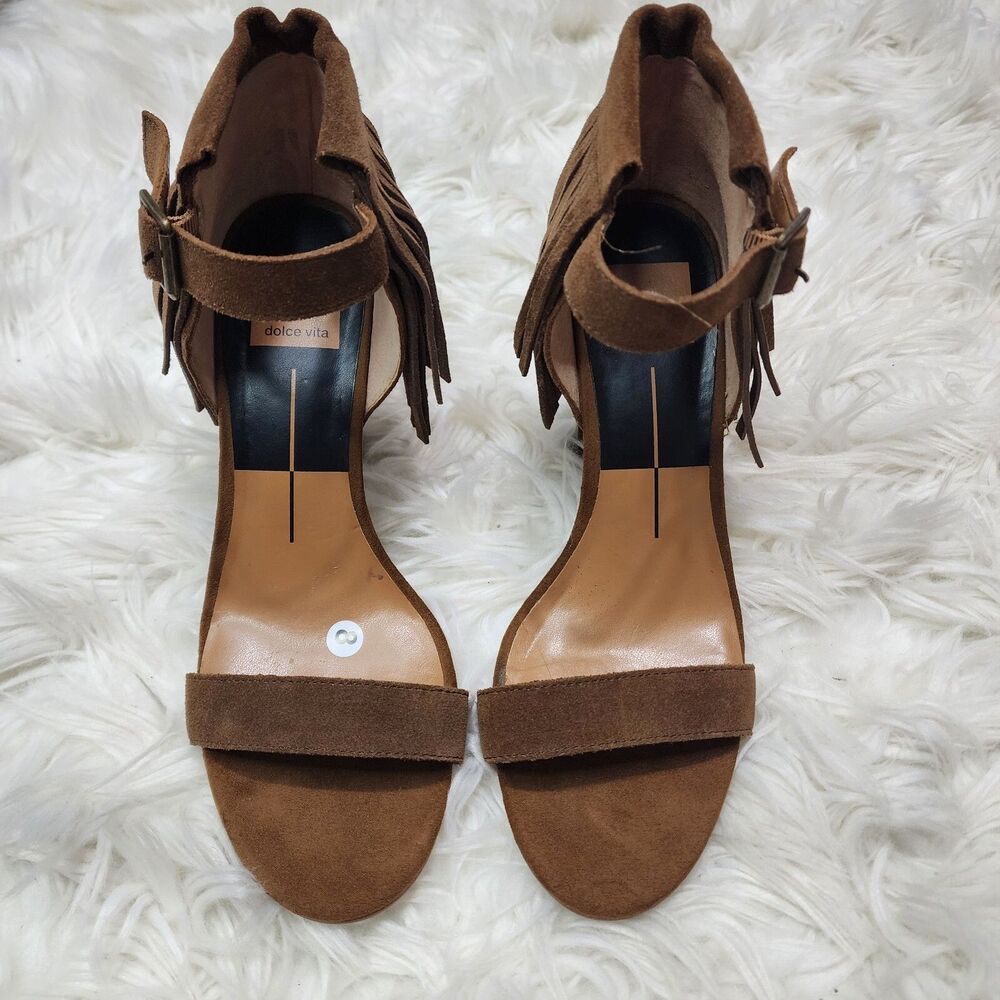 DOLCE VITA Nancy Size 8 Bohemian Brown Fringe Suede Open Toe High Heel